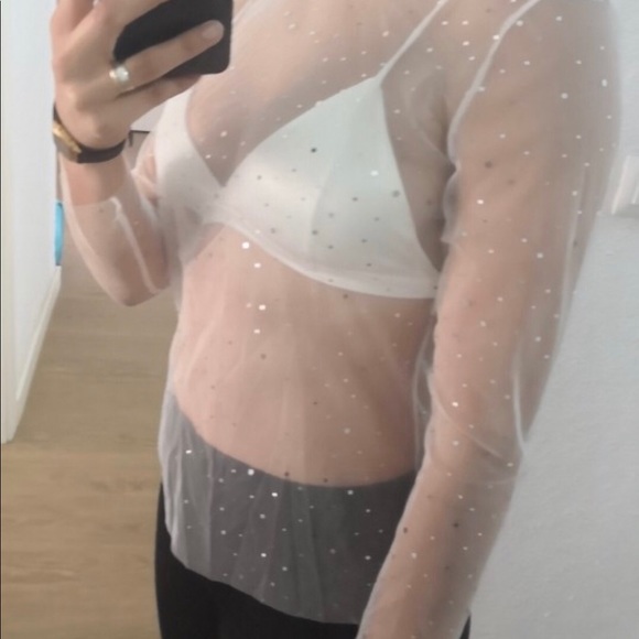 Sheer Sparkly Long Sleeve Mesh Transparent Top - Picture 6 of 8